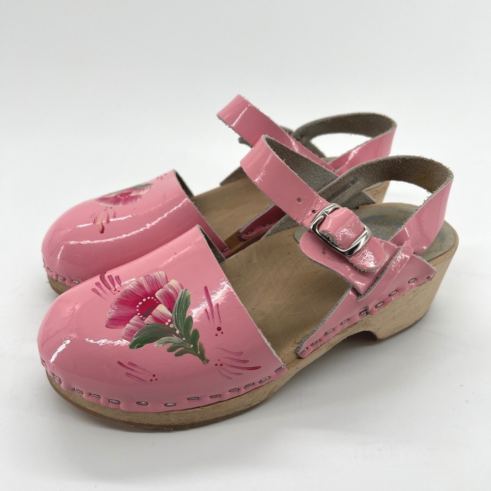 Dala Pink Hand-Painted Floral Wooden Clogs Swedish Girls EU 33/ US 2-2.5‎